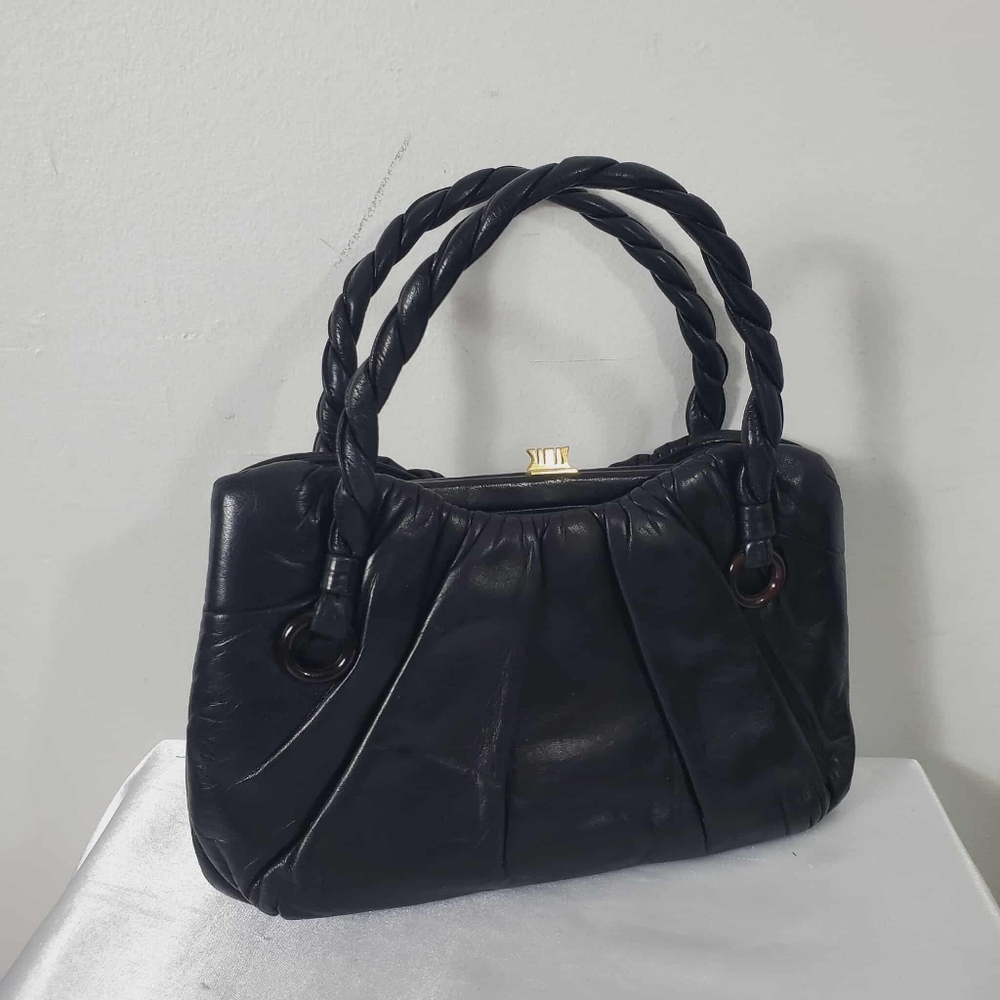 Vintage 80s Black Leather Handbag Handmade